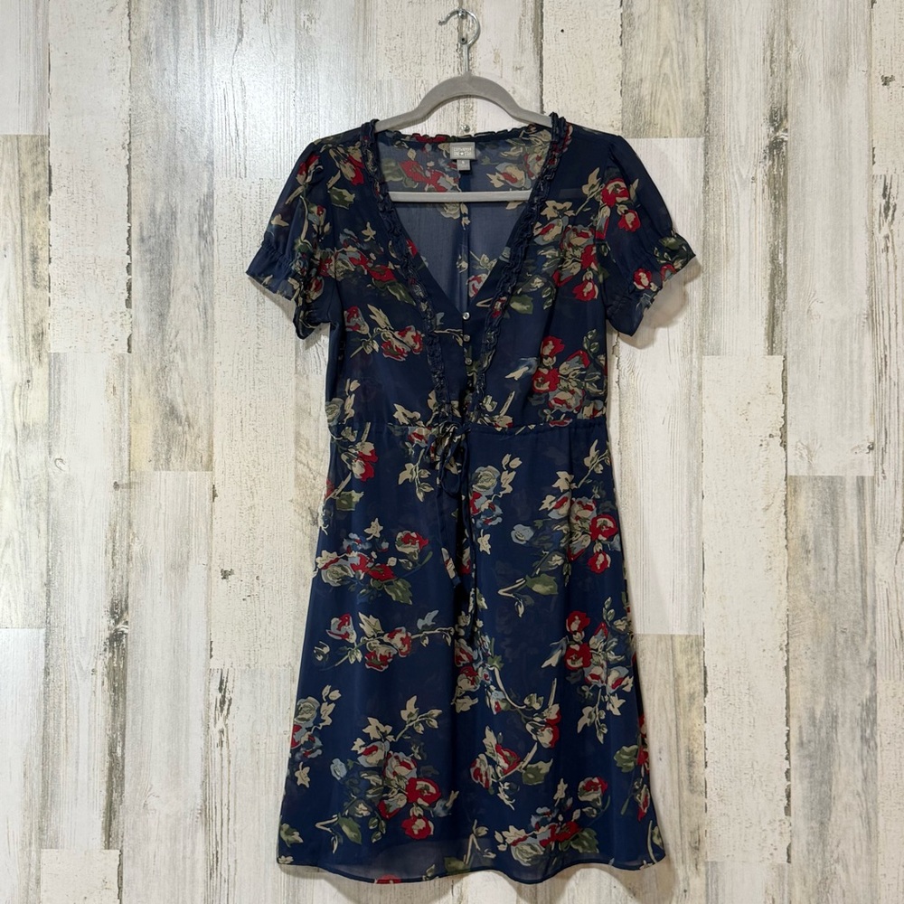 Sheer Mini Dress Cinched Waist Small Ruffle Details Neckline in Floral Navy - Picture 1 of 7